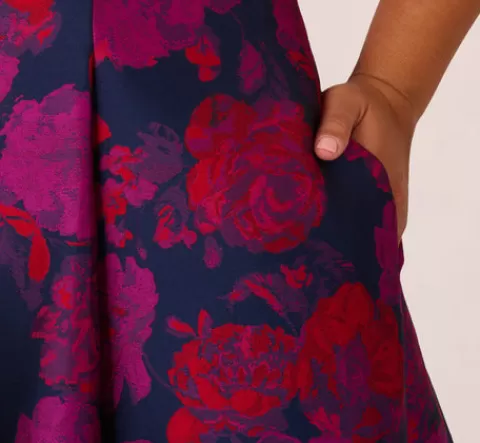 Adrianna Papell Plus Size Sleeveless Floral Jacquard Midi Dress With High Low Skirt In Navy Multi NAVYMULTI Cheap