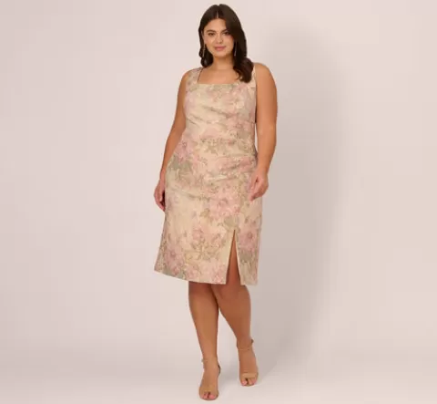 Adrianna Papell Plus Size Sleeveless Floral Matelasse Sheath Dress With Pleated Details In Rose Multi ROSEMULTI Store