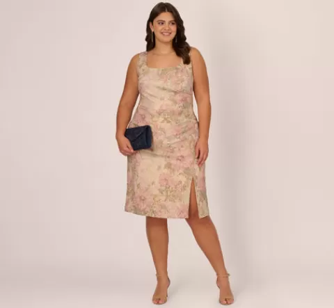Adrianna Papell Plus Size Sleeveless Floral Matelasse Sheath Dress With Pleated Details In Rose Multi ROSEMULTI Store