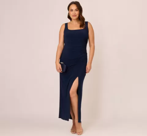 Adrianna Papell Plus Size Sleeveless Jersey Gown With Embellished Lace Cowl Back In MIDNIGHT Flash Sale