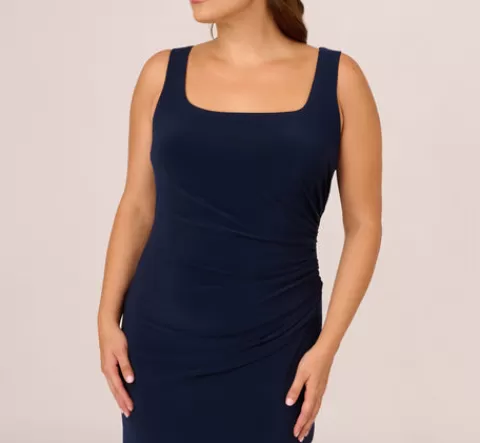 Adrianna Papell Plus Size Sleeveless Jersey Gown With Embellished Lace Cowl Back In MIDNIGHT Flash Sale