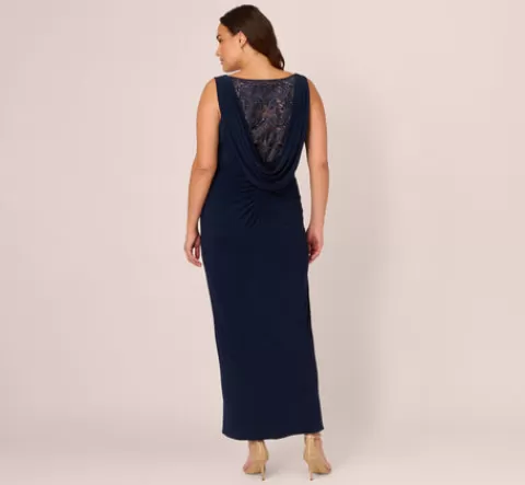 Adrianna Papell Plus Size Sleeveless Jersey Gown With Embellished Lace Cowl Back In MIDNIGHT Flash Sale