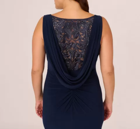 Adrianna Papell Plus Size Sleeveless Jersey Gown With Embellished Lace Cowl Back In MIDNIGHT Flash Sale
