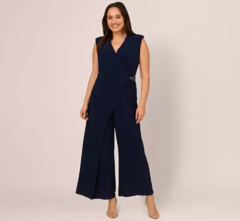 Adrianna Papell Plus Size Sleeveless Jersey Wide Leg Jumpsuit With Shawl Neckline In MIDNIGHT Clearance
