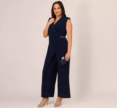 Adrianna Papell Plus Size Sleeveless Jersey Wide Leg Jumpsuit With Shawl Neckline In MIDNIGHT Clearance