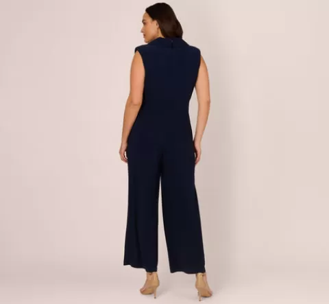 Adrianna Papell Plus Size Sleeveless Jersey Wide Leg Jumpsuit With Shawl Neckline In MIDNIGHT Clearance