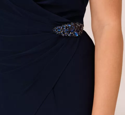 Adrianna Papell Plus Size Sleeveless Jersey Wide Leg Jumpsuit With Shawl Neckline In MIDNIGHT Clearance