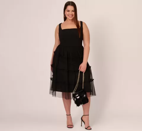 Adrianna Papell Plus Size Sleeveless Midi Dress With Square Neck And Tiered Skirt In BLACK Sale