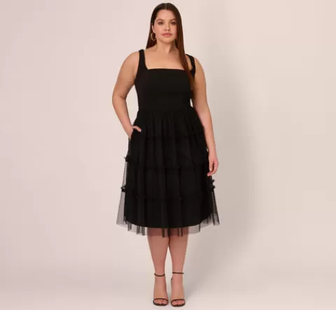 Adrianna Papell Plus Size Sleeveless Midi Dress With Square Neck And Tiered Skirt In BLACK Sale