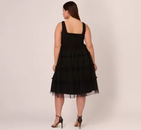 Adrianna Papell Plus Size Sleeveless Midi Dress With Square Neck And Tiered Skirt In BLACK Sale