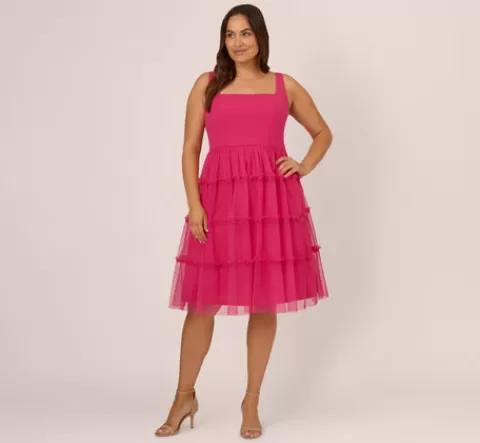 Adrianna Papell Plus Size Sleeveless Midi Dress With Square Neck And Tiered Skirt In Bright Rose BRIGHTROSE Hot