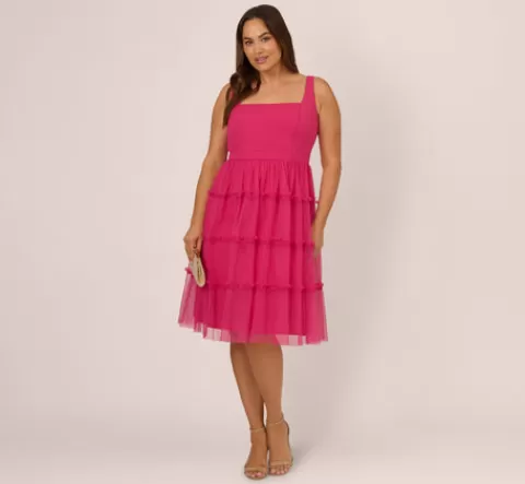 Adrianna Papell Plus Size Sleeveless Midi Dress With Square Neck And Tiered Skirt In Bright Rose BRIGHTROSE Hot