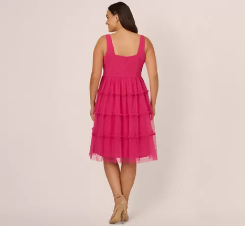 Adrianna Papell Plus Size Sleeveless Midi Dress With Square Neck And Tiered Skirt In Bright Rose BRIGHTROSE Hot