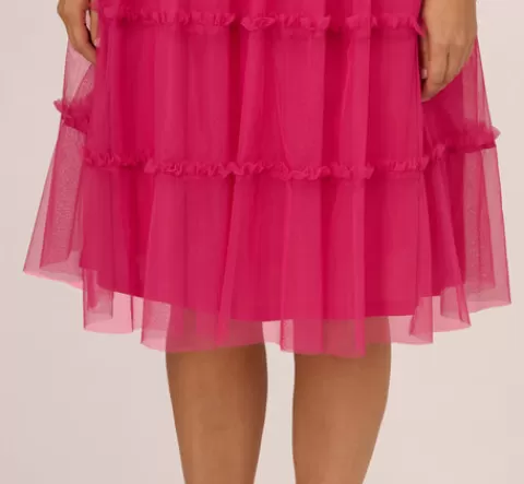 Adrianna Papell Plus Size Sleeveless Midi Dress With Square Neck And Tiered Skirt In Bright Rose BRIGHTROSE Hot