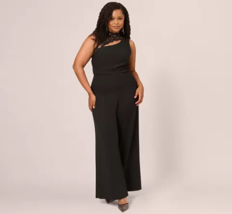 Adrianna Papell Plus Size Sleeveless Wide Leg Jumpsuit With Lace Neckline In BLACK Discount