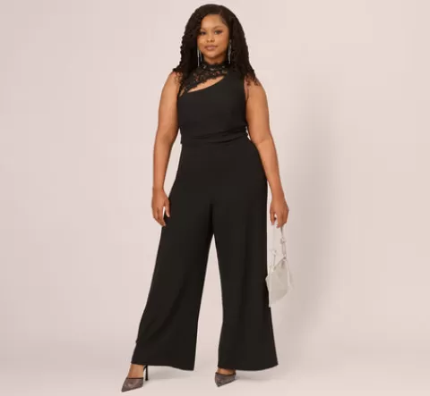 Adrianna Papell Plus Size Sleeveless Wide Leg Jumpsuit With Lace Neckline In BLACK Discount