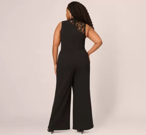 Adrianna Papell Plus Size Sleeveless Wide Leg Jumpsuit With Lace Neckline In BLACK Discount