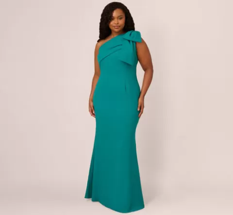 Adrianna Papell Plus Size Stretch Crepe One Shoulder Mermaid Gown With Bow Accent In Tempo Teal TEMPOTEAL Store