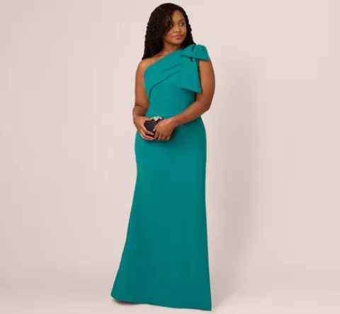 Adrianna Papell Plus Size Stretch Crepe One Shoulder Mermaid Gown With Bow Accent In Tempo Teal TEMPOTEAL Store