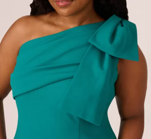 Adrianna Papell Plus Size Stretch Crepe One Shoulder Mermaid Gown With Bow Accent In Tempo Teal TEMPOTEAL Store