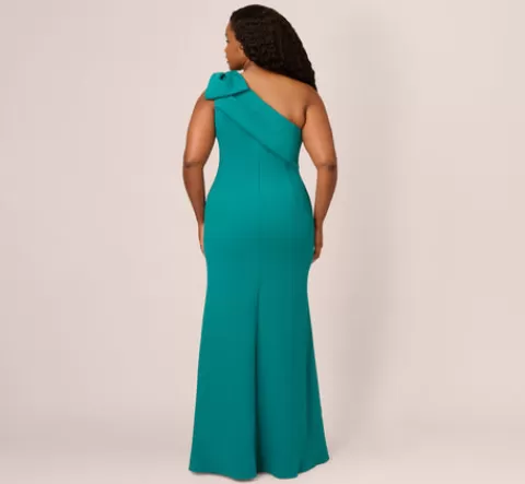Adrianna Papell Plus Size Stretch Crepe One Shoulder Mermaid Gown With Bow Accent In Tempo Teal TEMPOTEAL Store