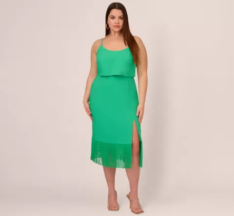 Adrianna Papell Plus Size Stretch Crepe Popover Midi Dress With Fringe Hem In Summer Green SUMMERGREEN New
