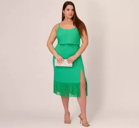 Adrianna Papell Plus Size Stretch Crepe Popover Midi Dress With Fringe Hem In Summer Green SUMMERGREEN New