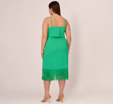 Adrianna Papell Plus Size Stretch Crepe Popover Midi Dress With Fringe Hem In Summer Green SUMMERGREEN New