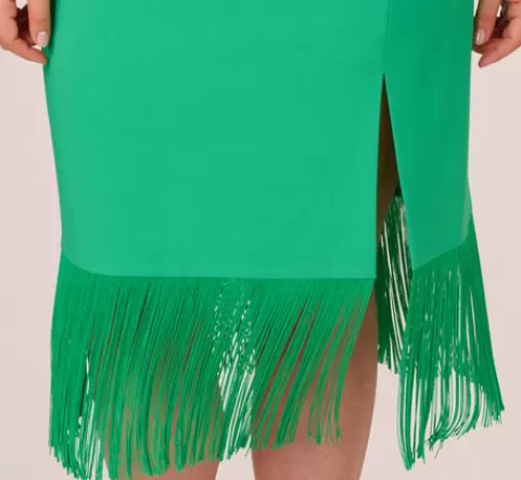 Adrianna Papell Plus Size Stretch Crepe Popover Midi Dress With Fringe Hem In Summer Green SUMMERGREEN New