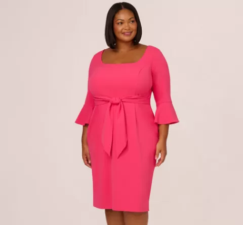 Adrianna Papell Plus Size Stretch Knit Crepe Tie-Front Midi-Length Sheath Dress In CAMELLIA Discount