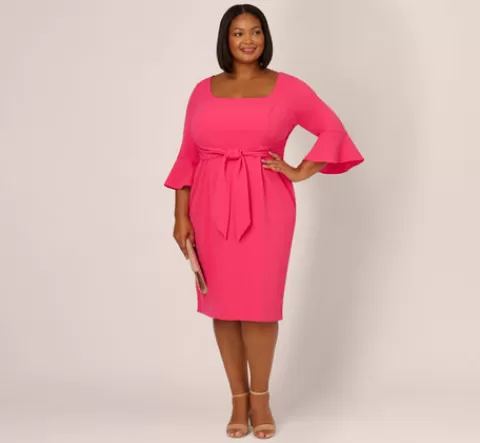 Adrianna Papell Plus Size Stretch Knit Crepe Tie-Front Midi-Length Sheath Dress In CAMELLIA Discount