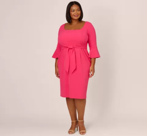 Adrianna Papell Plus Size Stretch Knit Crepe Tie-Front Midi-Length Sheath Dress In CAMELLIA Discount