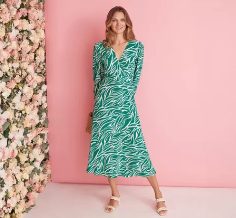 Adrianna Papell Printed Faux Wrap Dress With Bishop Long Sleeves In Green Ivory GREEN-IVORY Best