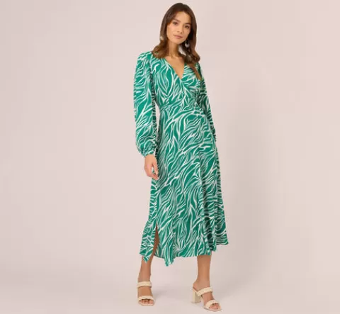 Adrianna Papell Printed Faux Wrap Dress With Bishop Long Sleeves In Green Ivory GREEN-IVORY Best
