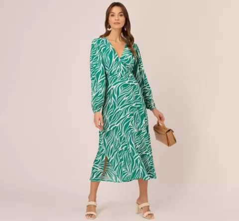 Adrianna Papell Printed Faux Wrap Dress With Bishop Long Sleeves In Green Ivory GREEN-IVORY Best