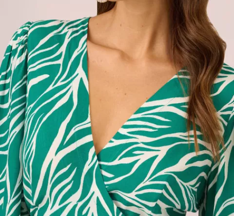 Adrianna Papell Printed Faux Wrap Dress With Bishop Long Sleeves In Green Ivory GREEN-IVORY Best
