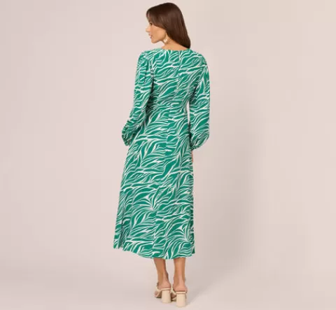 Adrianna Papell Printed Faux Wrap Dress With Bishop Long Sleeves In Green Ivory GREEN-IVORY Best