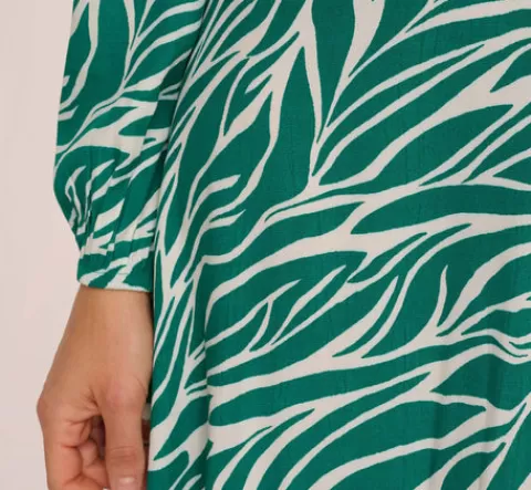 Adrianna Papell Printed Faux Wrap Dress With Bishop Long Sleeves In Green Ivory GREEN-IVORY Best