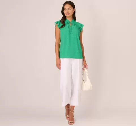 Adrianna Papell Printed Flutter Sleeve Top With Tie Neck In Emerald Ivory Micro Dot EMERALD-IVORYMICRODOT Discount
