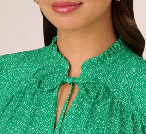 Adrianna Papell Printed Flutter Sleeve Top With Tie Neck In Emerald Ivory Micro Dot EMERALD-IVORYMICRODOT Discount
