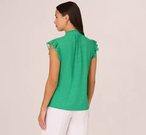 Adrianna Papell Printed Flutter Sleeve Top With Tie Neck In Emerald Ivory Micro Dot EMERALD-IVORYMICRODOT Discount