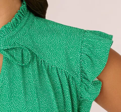 Adrianna Papell Printed Flutter Sleeve Top With Tie Neck In Emerald Ivory Micro Dot EMERALD-IVORYMICRODOT Discount