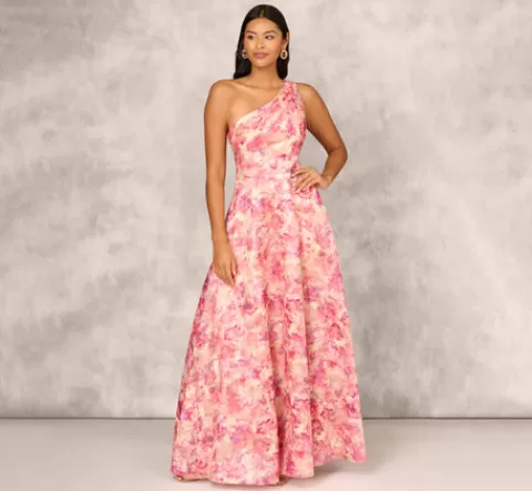 Adrianna Papell Printed Jacquard One Shoulder Ball Gown With Pleat Details In Red Multi REDMULTI Best