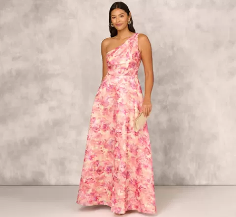 Adrianna Papell Printed Jacquard One Shoulder Ball Gown With Pleat Details In Red Multi REDMULTI Best
