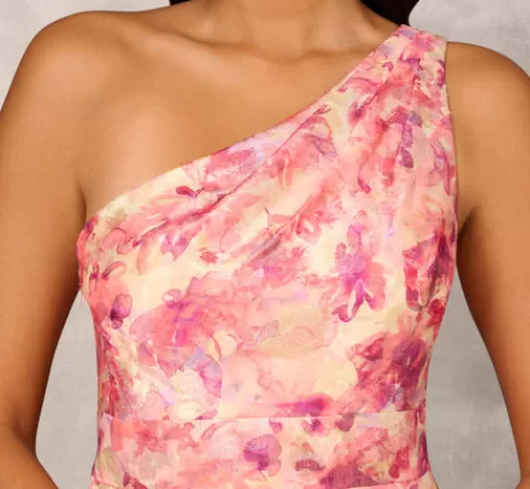 Adrianna Papell Printed Jacquard One Shoulder Ball Gown With Pleat Details In Red Multi REDMULTI Best