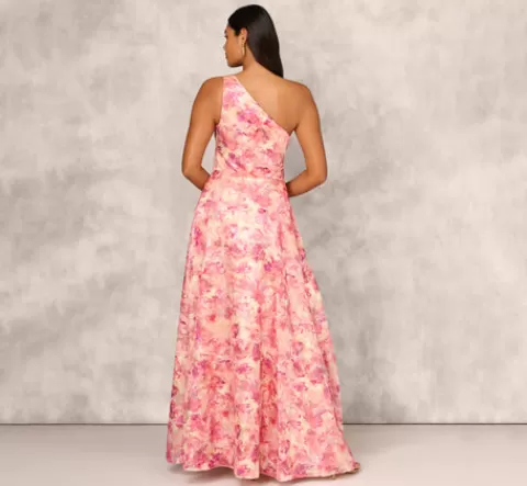 Adrianna Papell Printed Jacquard One Shoulder Ball Gown With Pleat Details In Red Multi REDMULTI Best