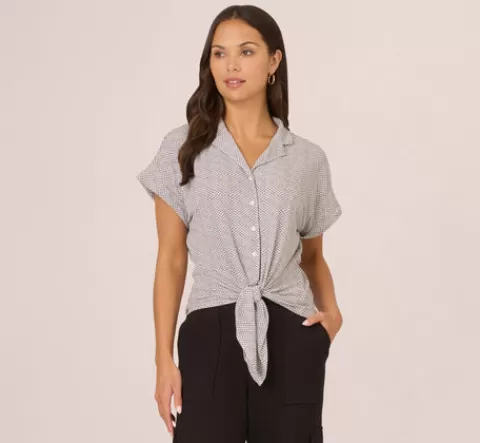 Adrianna Papell Printed Short Sleeve Collared Top With Tie Front In Ivory Arrow Geo IVORYARROWGEO Store