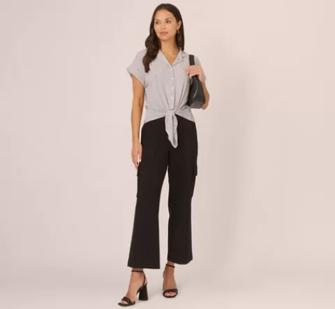 Adrianna Papell Printed Short Sleeve Collared Top With Tie Front In Ivory Arrow Geo IVORYARROWGEO Store