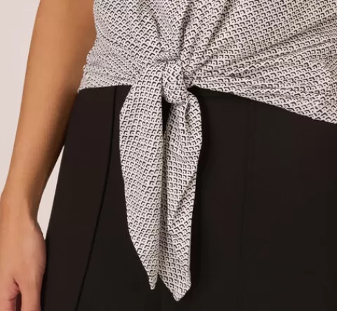 Adrianna Papell Printed Short Sleeve Collared Top With Tie Front In Ivory Arrow Geo IVORYARROWGEO Store