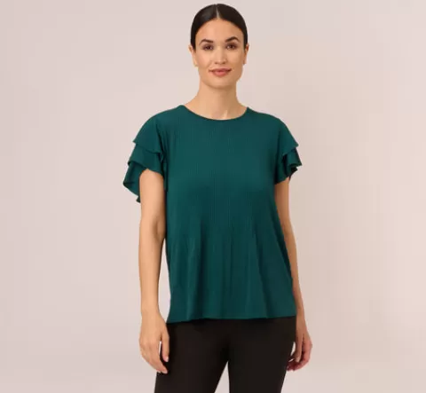 Adrianna Papell Printed Top With Double Ruffle Short Sleeves In EVERGREEN Cheap